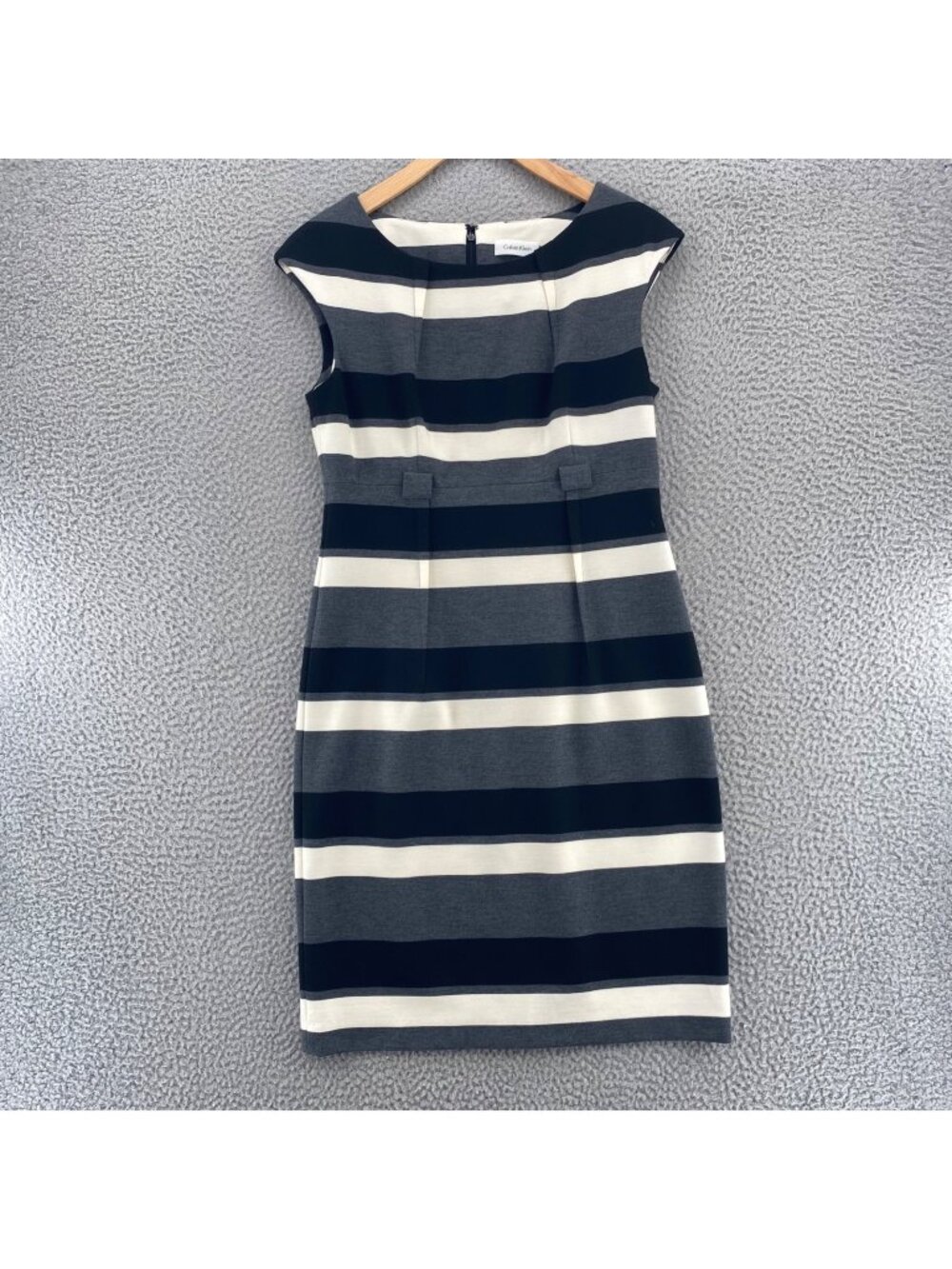 Calvin Klein Dress Womens 6 Gray Striped Ponte Knit Sheath Sleeveless Mini NWT*